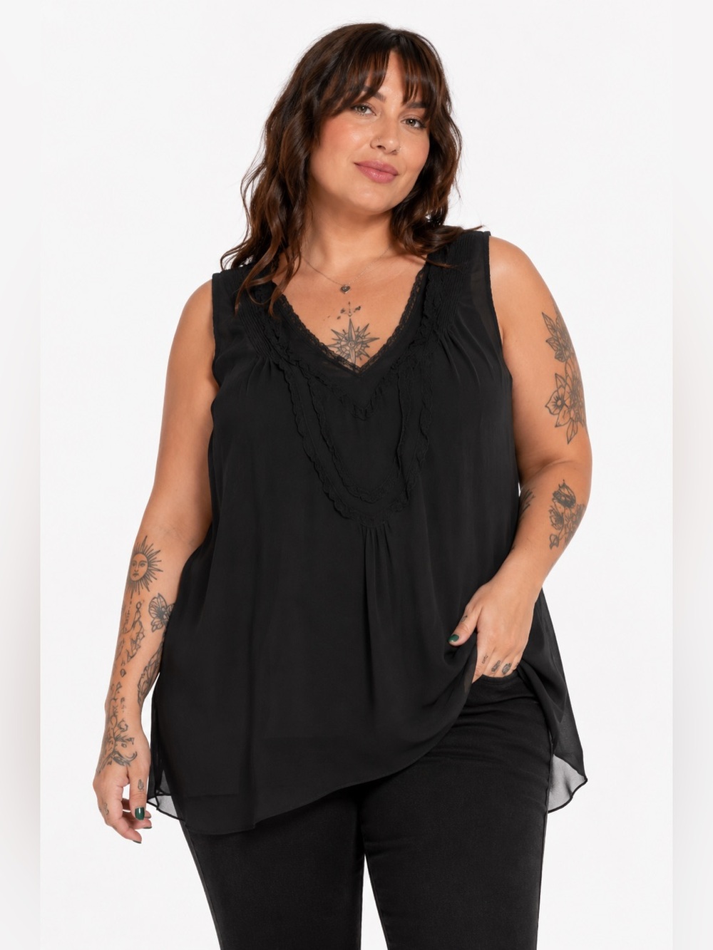 Y2K Vintage Sheer Chiffon Lace Accent Sleeveless Tunic Top (Black) Size Large
